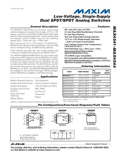Maxim MAX4541-MAX4544 Low-Voltage Dual SPST/SPDT Analog Switch Datasheet - cover page
