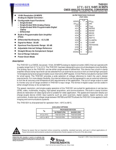 Texas Instruments THS1031 CMOS Analog-to-Digital Converter Datasheet - cover page