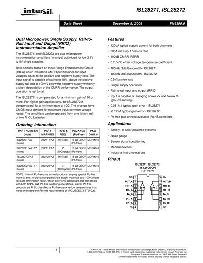 Intersil ISL28271/ISL28272 Dual Micropower Instrumentation Amplifier Datasheet - cover page