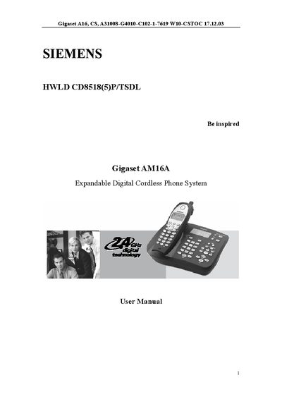 SIEMENS HWLD CD8518(5)P/TSDL Be inspired Gigaset AM16A Expandable Digital Cordless Phone System Manual - cover page