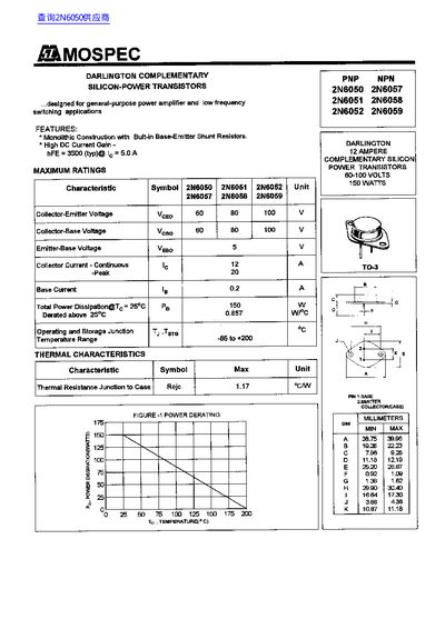 MOSPEC PNP 2N6050/6051/6052 NPN 2N6057/6058/6059 DARLINGTON COMPLEMENTARY SILICON-POWER TRANSISTORS - cover page