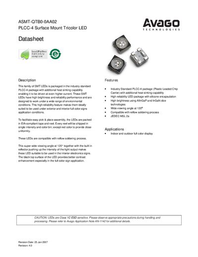 AVAGO TECHNOLOGIES ASMT-QTB0-0AA02 PLCC-4 Surface Mount Tricolor LED handbook