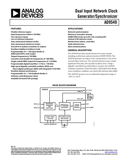 Analog Devices AD9549 Datasheet Rev D - cover page