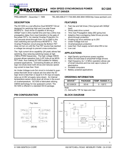 Semtech SC1205 High Speed Synchronous Power MOSFET Driver Datasheet - cover page