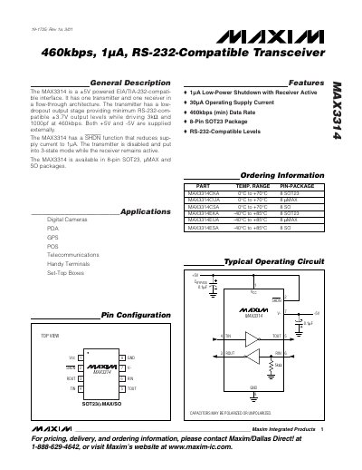 Maxim MAX3314 RS-232-Compatible Transceiver Datasheet
