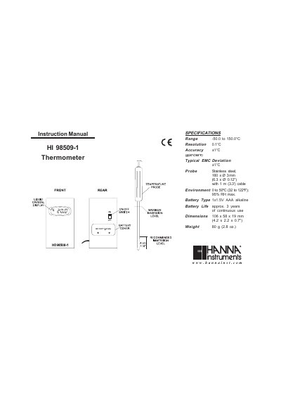 Hanna Instruments HI 98509-1 Thermometer Instruction Manual - cover page