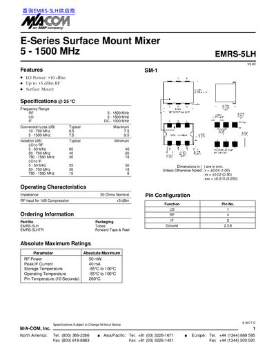 MACCM E-Series Surface Mount Mixer 5 - 1500 MHz EMRS-5LH - cover page