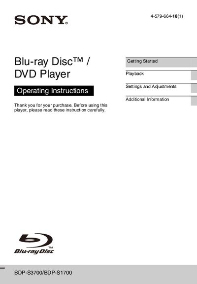 Sony BDP-S3700/BDP-S1700 Blu-ray Disc/DVD Player Operating Instructions - cover page