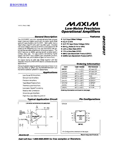 Maxim OP27/OP37 Operational Amplifier Datasheet - cover page
