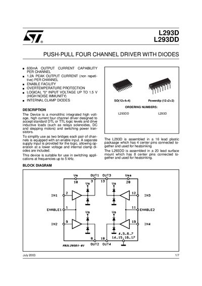 STMicroelectronics L293D/L293DD Four Channel Driver Datasheet - cover page