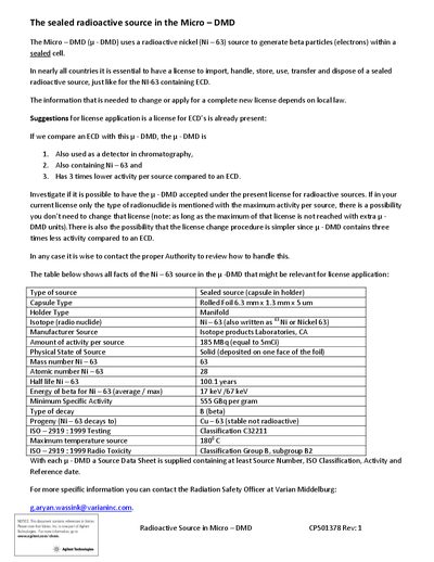 Agilent Micro-DMD Sealed Radioactive Source Information Sheet - cover page