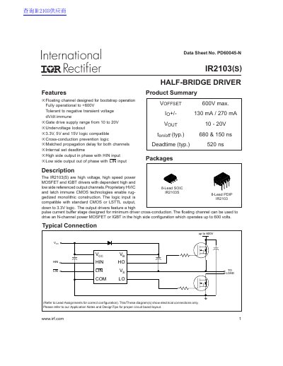 International Rectifier IR2103(S) Data Sheet - cover page
