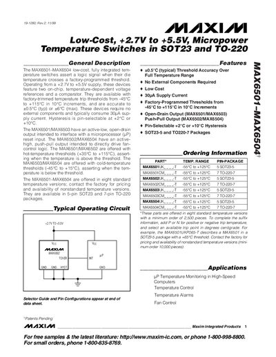 MAXIM MAX6501/MAX6502/MAX6503/MAX6504 Temperature Switches Datasheet - cover page