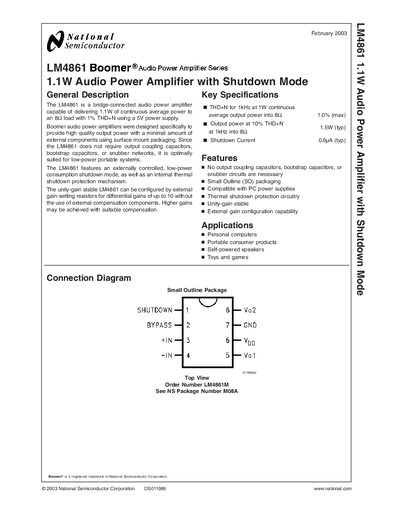 National Semiconductor LM4861 Audio Power Amplifier Datasheet - cover page