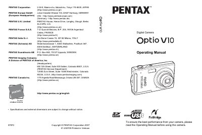 Pentax Optio V10 Digital Camera Operating Manual - cover page