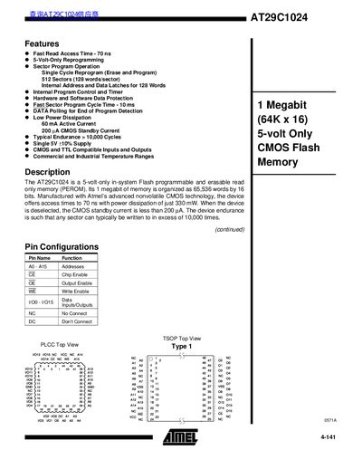 Atmel AT29C1024 1 Megabit Flash Memory Datasheet - cover page