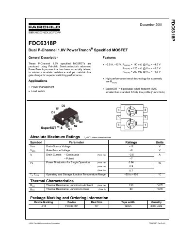 Fairchild FDC6318P Dual P-Channel MOSFET Datasheet - cover page