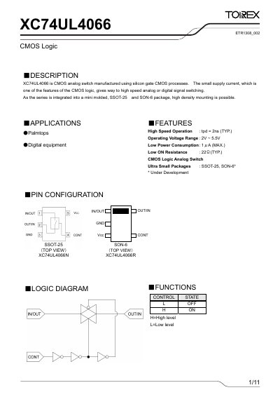 Torex XC74UL4066 CMOS Logic Analog Switch Datasheet