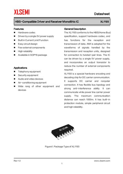 XLSEMI XL1193 HBS-Compatible Driver and Receiver Monolithic IC Datasheet