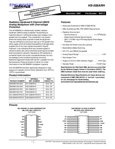 Intersil HS-508ARH Radiation‑Hardened Analog Multiplexer Datasheet - cover page