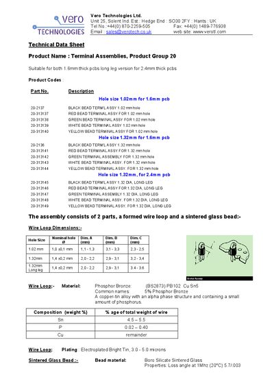 Vero Terminal Assemblies Product Group 20 Technical Data Sheet - cover page