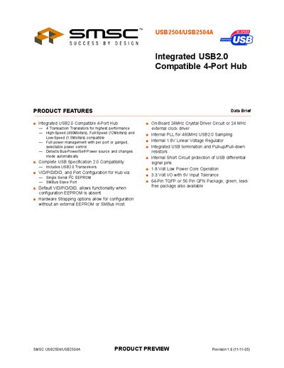 SMSC USB2504/USB2504A Integrated USB2.0 4-Port Hub Datasheet