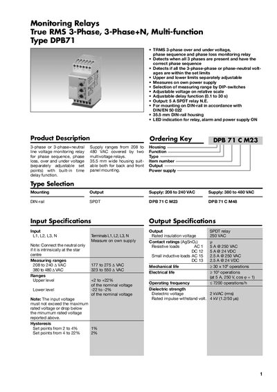 Monitoring Relays True RMS 3-Phase 3-Phase+N Multi-function Type DPB71 - cover page