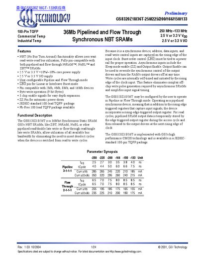GSI 36Mb Pipelined Flow Through Synchronous NBT SRAMs 250 MHz 133 MHz 2.5 V or 3.3 V VDD 2.5 V or 3.3 V I/O handbook - cover page