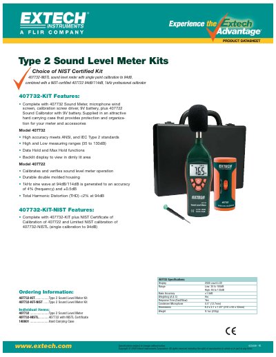 EXTECH Ordering Information: 407732-KIT................Type 2 Sound Level Meter Kit 407732-KIT-NIST ......Type 2 Sound Level Meter Kit Individual items: 407732 ......................Type 2 Sound Leve - cover page