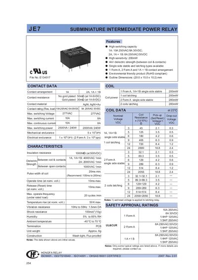 Hongfa JE7 Subminiature Intermediate Power Relay Datasheet - cover page