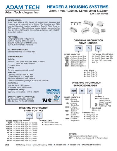 adam tech HEADER HOUSING SYSTEMS .8mm 1mm 1.25mm 1.5mm 2mm 2.5mm 2CH 2SH SERIES - cover page