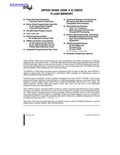 Intel 28F020 CMOS Flash Memory Datasheet - cover page