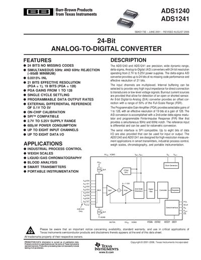 Texas Instruments ADS1240/ADS1241 24-Bit Analog-to-Digital Converter Datasheet - cover page