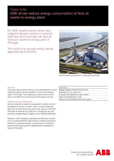 ABB ACS 2000 Variable Speed Drive Case Note – Energy Savings at Valorsul Waste-to-Energy Plant - cover page
