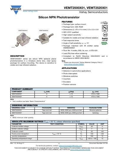 Vishay VEMT2500X01/VEMT2520X01 Silicon NPN Phototransistor Datasheet - cover page