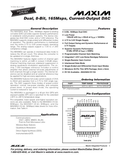 Maxim MAX5852 Dual 8‑Bit 165Msps DAC Datasheet - cover page