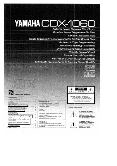 Yamaha CDX-1060 Compact Disc Player Owner's Manual