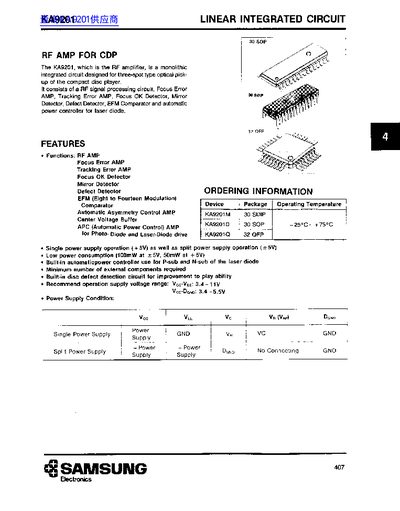 Samsung KA9201 Linear Integrated Circuit Datasheet - cover page