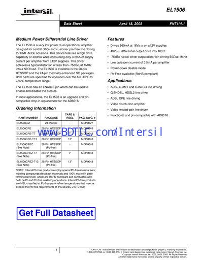Intersil EL1506 Data Sheet - cover page