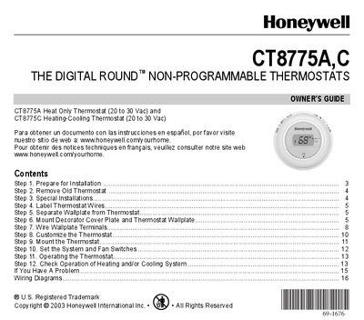 Honeywell CT8775A/C Digital Round Non-Programmable Thermostat Owner's Guide - cover page