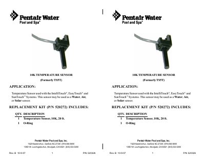 Pentair Water 10K Temperature Sensor (formerly TS5T) Installation Guide for LX220 Family - cover page