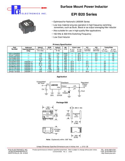 PCA EPI B20 Series Surface Mount Power Inductor Datasheet - cover page