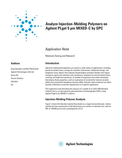 Agilent PLgel 5 pm MIXED-C Columns Application Note for Injection-Molding Polymer Analysis - cover page