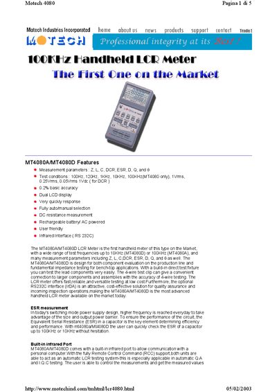 Motech MT4080A/MT4080D LCR Meter Product Data Sheet - cover page
