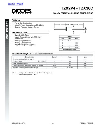 Diodes Incorporated TZX2V4-TZX36C Zener Diode Datasheet - cover page
