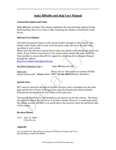 Data I/O BBtable and Skip Bad Block Handling Specification - cover page
