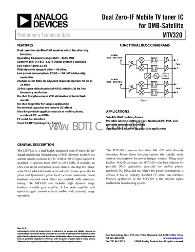 Analog Devices MTV320 Dual Zero-IF Mobile TV Tuner IC Manual - cover page