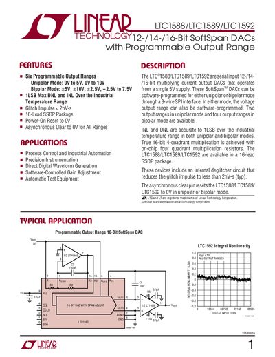 Linear Technology LTC1588/LTC1589/LTC1592 12-/14-/16-Bit SoftSpan DACs Datasheet - cover page