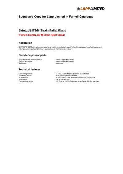 Lapp Skintop BS-M Strain Relief Gland Product Leaflet - cover page