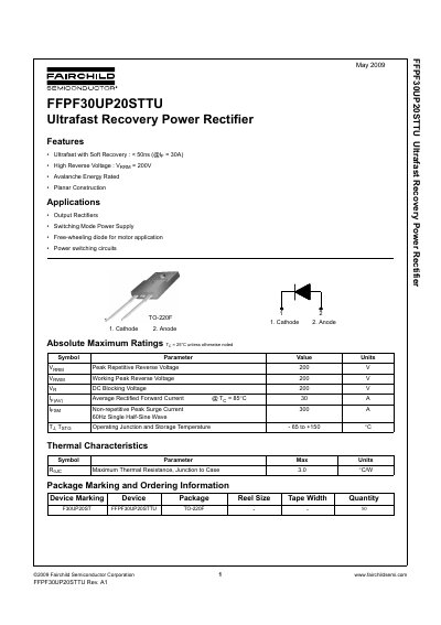 Fairchild FFPF30UP20STTU Ultrafast Recovery Power Rectifier Datasheet